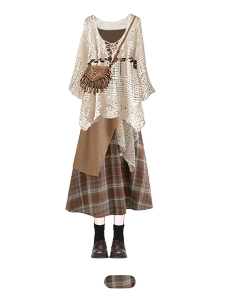 Large Size Women's Hollow out irt And Plaid  Skirt Set Casual Sle Long Sve V-Ne Knit Top Tee-Piece Set for Ear...