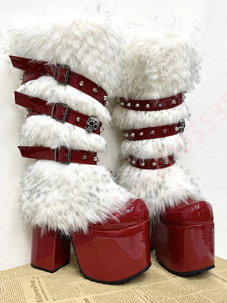 Women Gothic Furry Knee High Boots Skull Rivet Buckle Strap Patent Leather Platform Block Heel Punk Halloween Party Long Boots