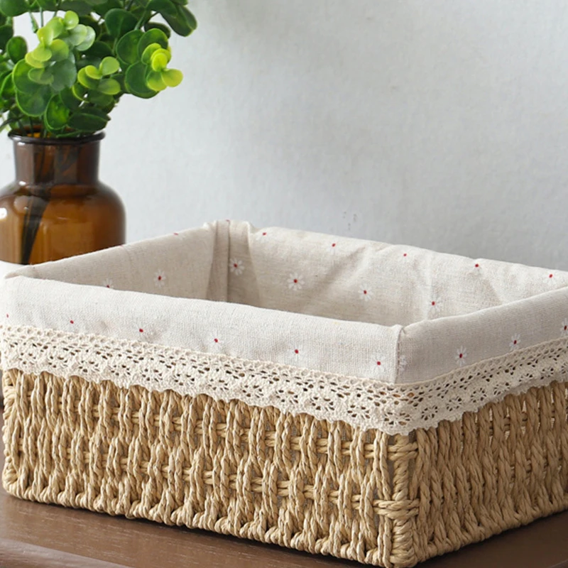 Desktop storage box Cosmetics key snack table sundry living room entrance household rattan storage basket woven frame