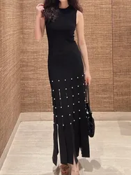 Women Tassel Black Knitted Robe Pearl Stitching Round Neck Sleeveless Elegant Summer 2024 New Midi Dress