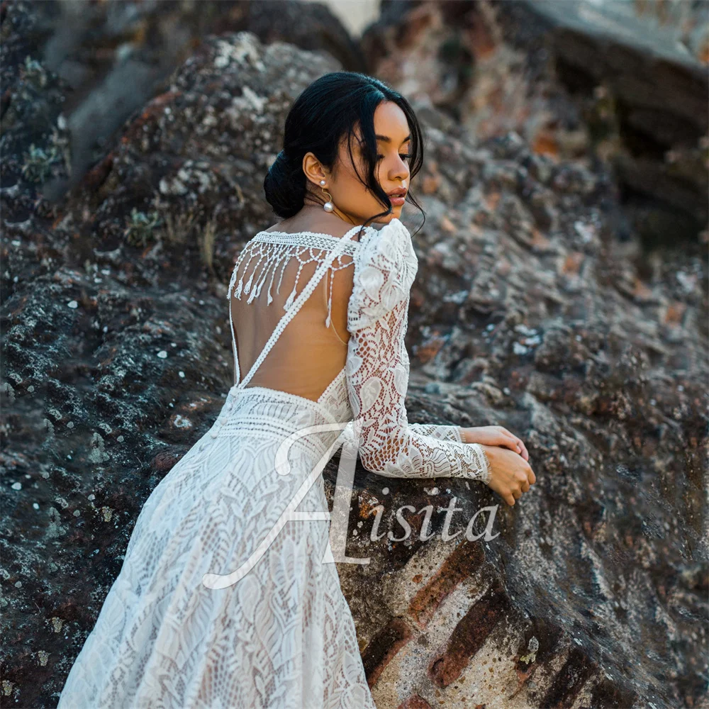 Personalizado a linha vestidos de noiva profundo decote em v mangas compridas clássico rendas vestidos de casamento para mulher vestido de casamento novia