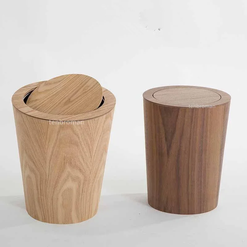 9L Garbage Can with Lid Waste Bins Solid Wood Wastebasket Home Cleaning Tools Round Trash Can Swing Cover Office Storage Baskets