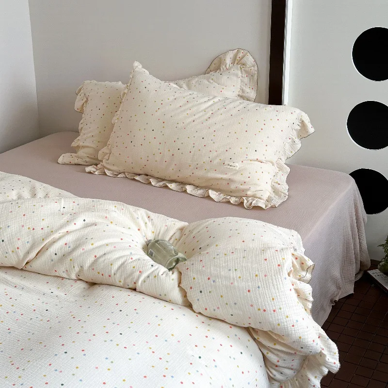 INS Princess Ruffle Edge Gauze 100% Cotton Pillow Case Breathable Duvet Cover Without Filler 3PCS Floral Home Bedding Set image 3