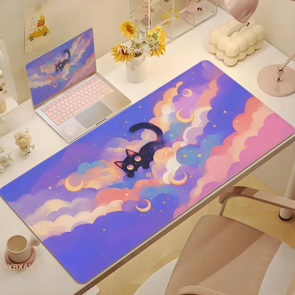 

Черный кот на облаках Коврик для мыши с клавиатурой Kawaii Art style узоры Розовый настольный коврик PC Gamer Коврик Офисный ковер Домашний коврик для стола