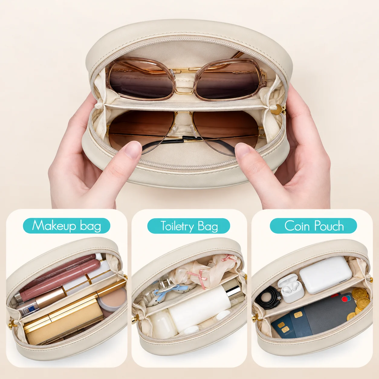 Double Sunglasses Case,PU Leather Travel Zipper Glasses Pouch,2 Pair Glasses Storage,Soft Velvet Lining,Gifts for Women Men