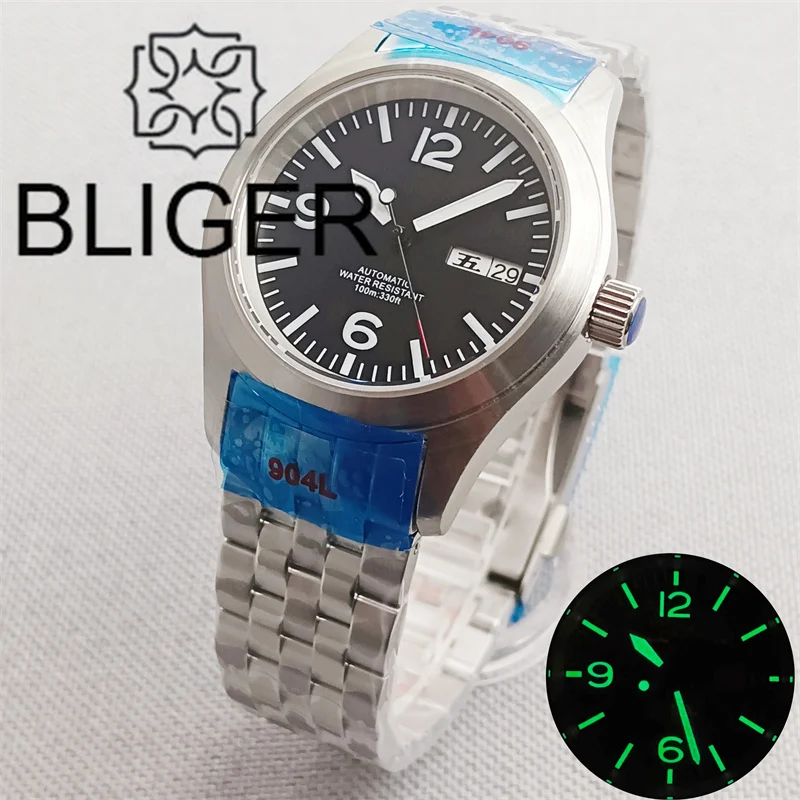 

BLIGER 36mm39mm Pilot Watch For Men Brushed Bezel Black Dial With Green Luminous Mesh Strap Jubilee Bracelet Sapphire Glass NH35