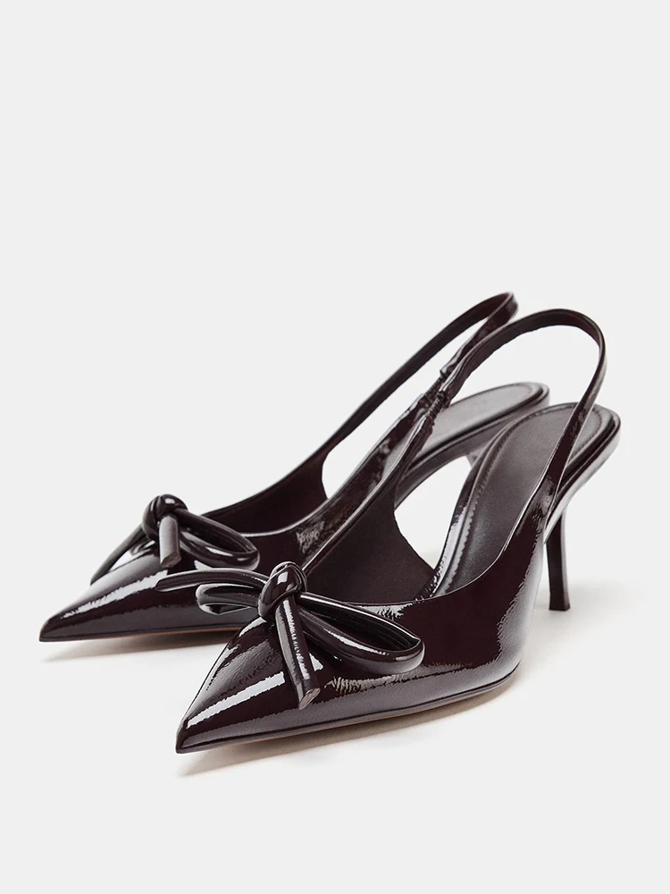

New Women's Peep Toe Knot Decorated Pointed Toe High Heel Mule Shoes Velvet Leather Fashion Single Shoes for Autumn