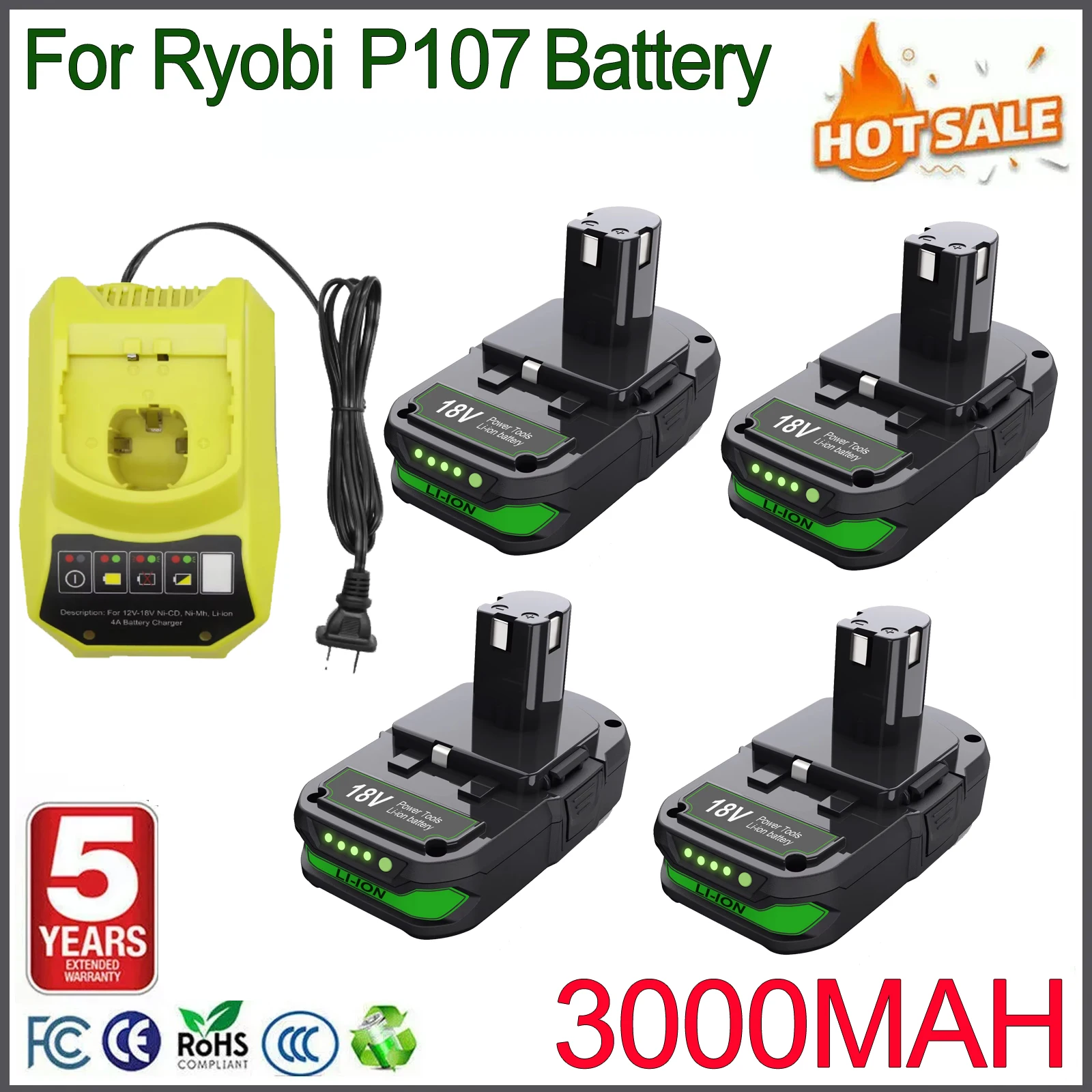 Batterie de remplacement 3000mah pour Ryobi 18V Li-ion, pour outils électriques sans fil Ryobi P107 P108 RB18L50