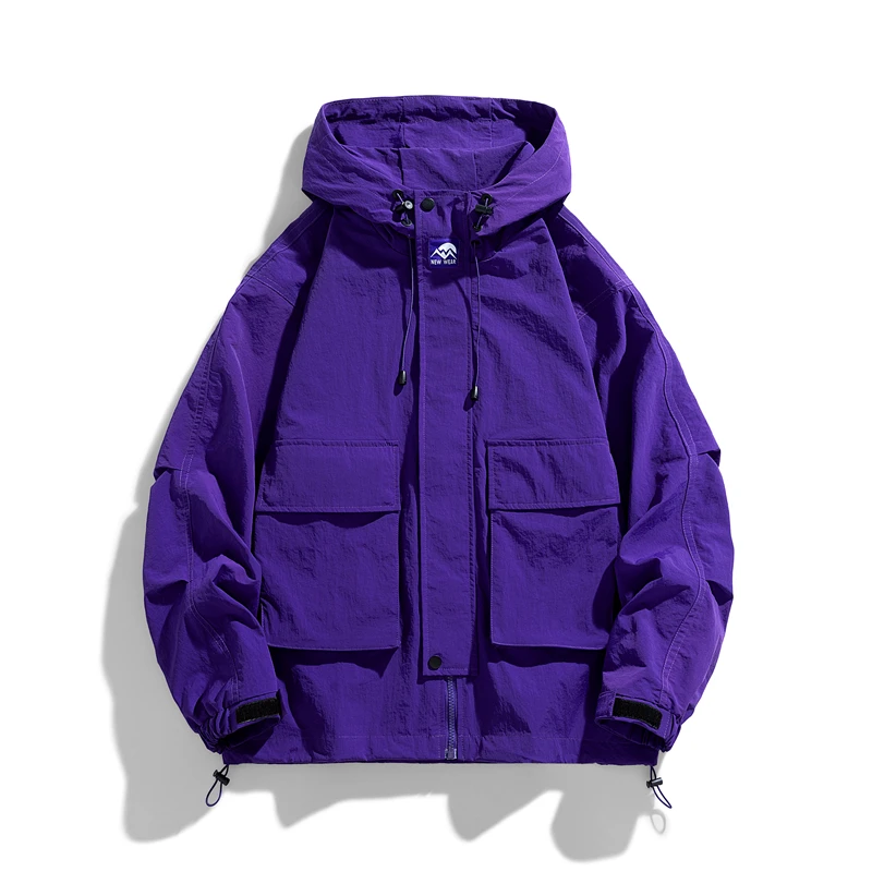 Purple Hoodie Jackets Men Windbreaker Jacket Hip Hop Solid Color Outdoor Sports Hooded Coats Men Clothing