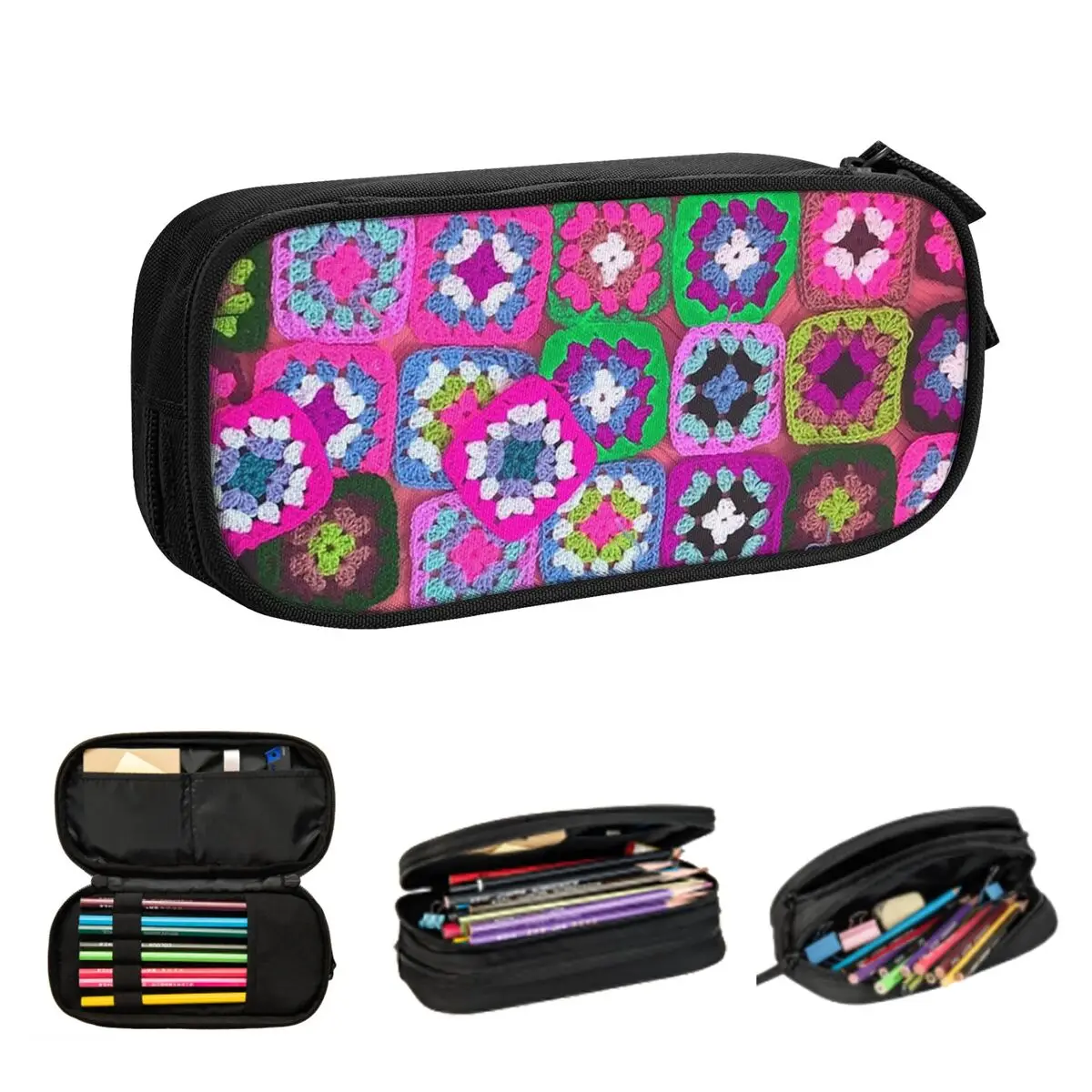 

Crochet Blanket Granny Square Pencil Cases for Students School Pen Box Pencil Bag Large Storage Pencil Pouch Storage Supplies