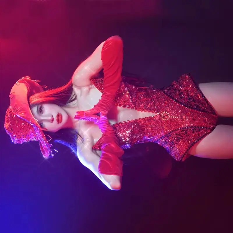 

Diamond Rhinestones Bodysuit Hat Women Singer Festival Outfit Bar Nightclub Dj Ds Gogo Costume Pole Dance Clothing