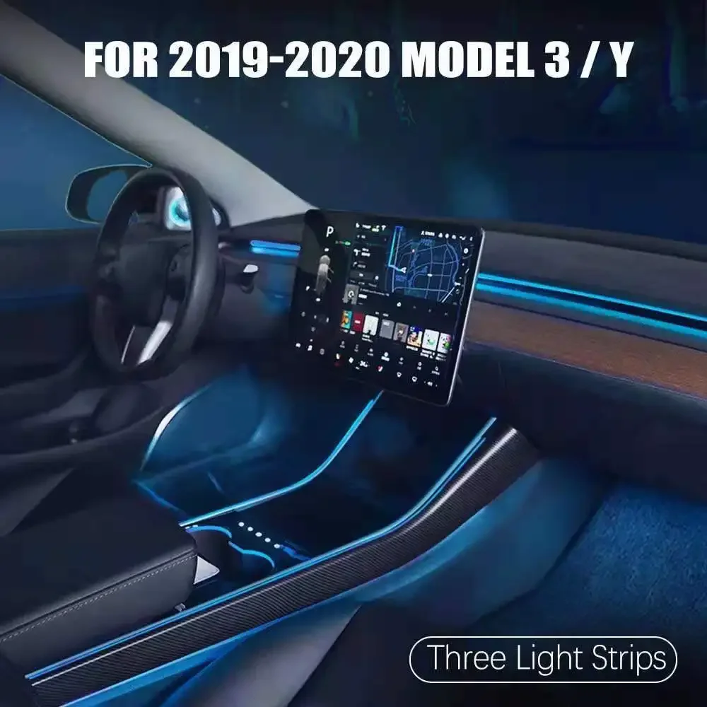 RGB Flow Ambient LED Light Strip Kit for Model 3 Y 2017-2024 Dashboard Console APP Control Atmosphere Lamp with Sensor Switch