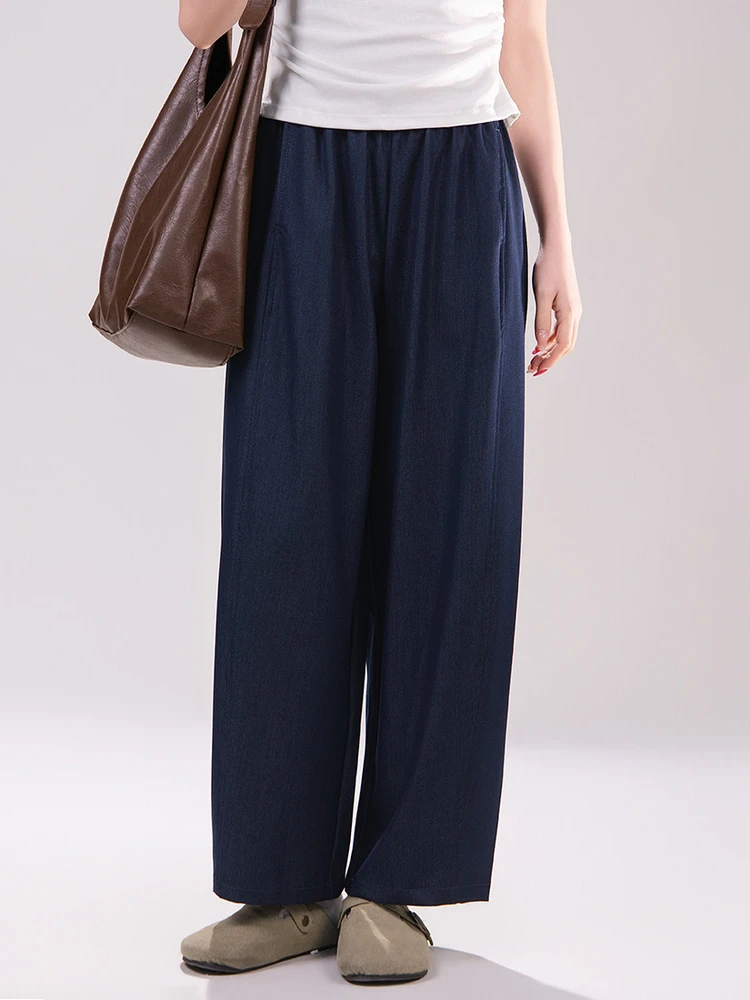 

Loose Straight Leg Nine-Piece Pants Women's Summer Casual High Waist Polyester Fiber Deep Blue Faux Denim Leaf Pattern