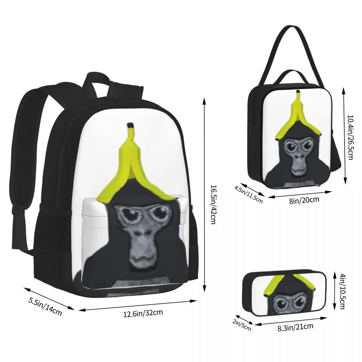 Gorilla Tag Monkey With Banana Backpacks Boys Girls Bookbag Students School Bags Kids Rucksack Lunch Bag Pen Bag Three-Piece Set