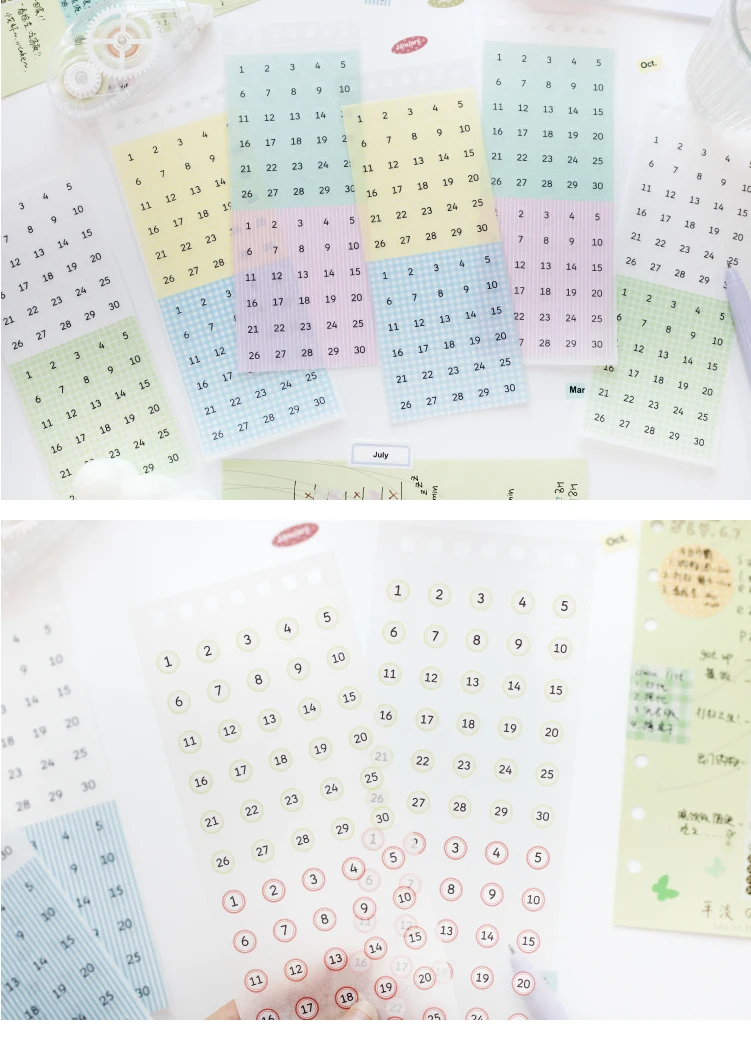 Journal GO 30pcs Mixed Material Date Planner Stickers PET & Washi Paper Index Sticker for Scrapbooking Colorful Number Month