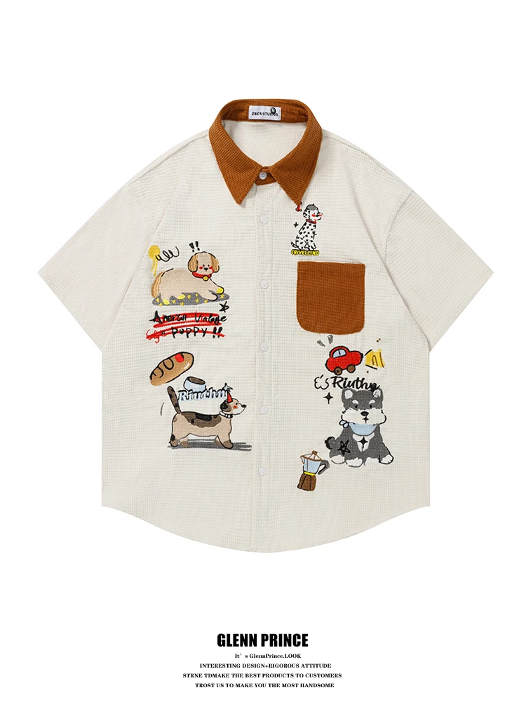 

GPstudio Japanese Style Short Sleeve Shirt Color Block Dog Pattern Unisex Summer Casual Top Youth Fashion Polyester Fiber