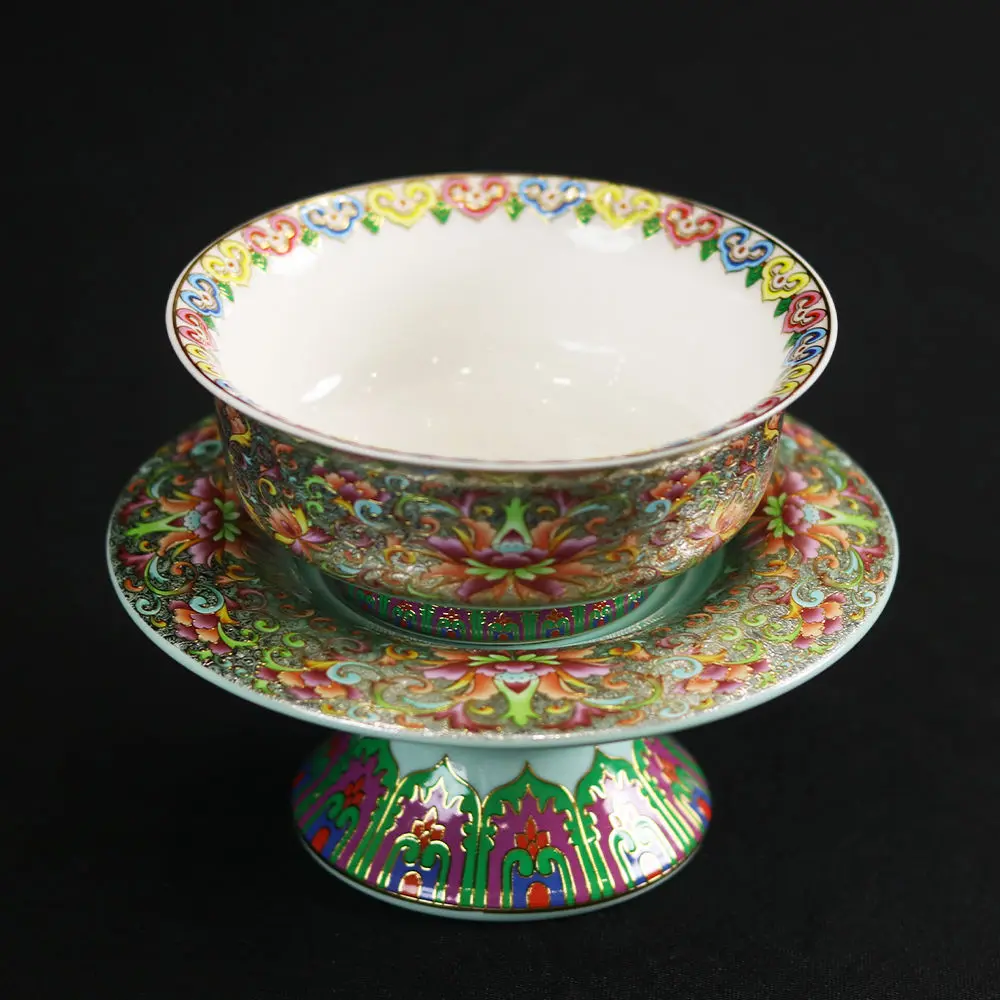 Enamel Bowl Lotus Style Ceramic Bowl Chinese Antique Style Palace Bowl Home Use Buddhist Hall Bowl For Offering Ornament ZG256
