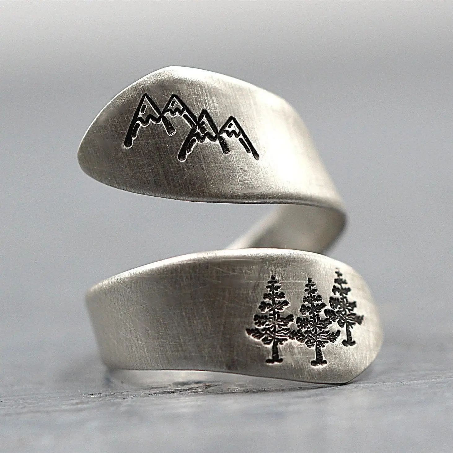 

New Thai Silver Handmade Brushed Mountain Peak, Green Tree, Forest Wrapping Opening Adjustable Ring