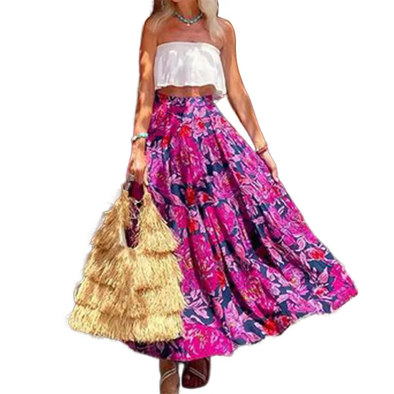 Greenora Women's Spring Summer Fashion Printed Bohemian Waist-Cinching Midi Skirt for Date Clean Girl