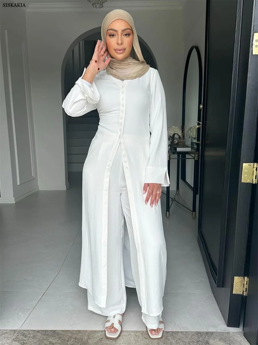 

Siskakia Ramadan Muslim Women's Clothing Long Sleeve Two-Piece Set V-Neck Solid Caftan Marocain Femme