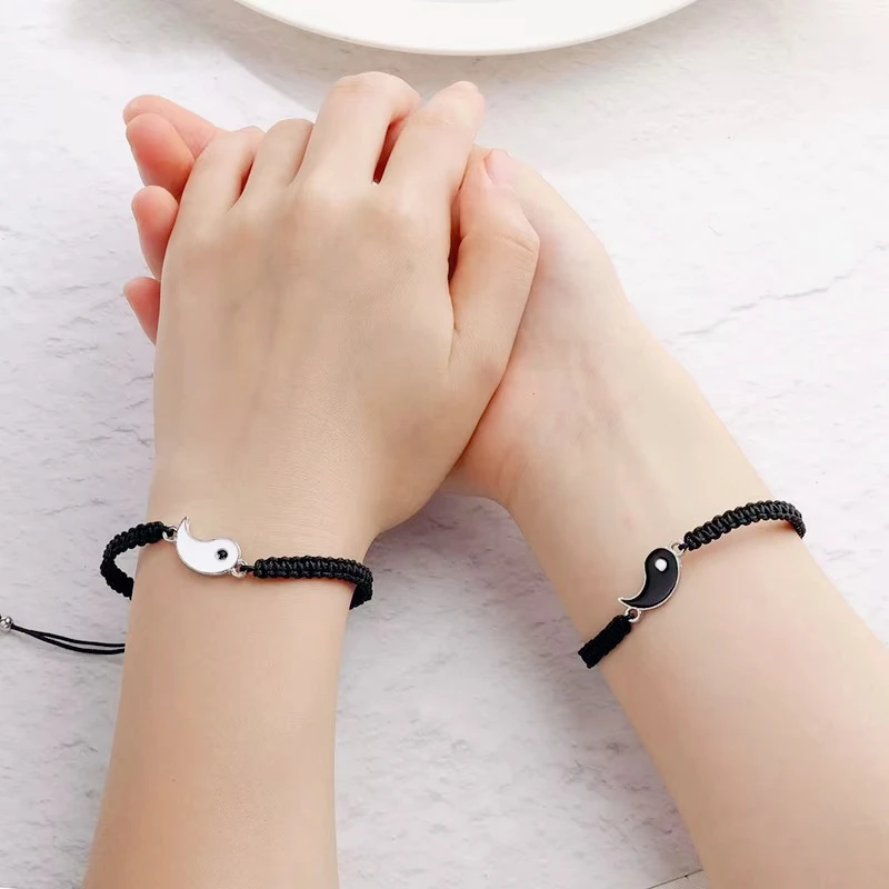 2Ps/Set Tai Chi Bagua Bracelets Yin Yang Black White Rope Braided Telescopic Adjustable Unisex Couple Jewelry