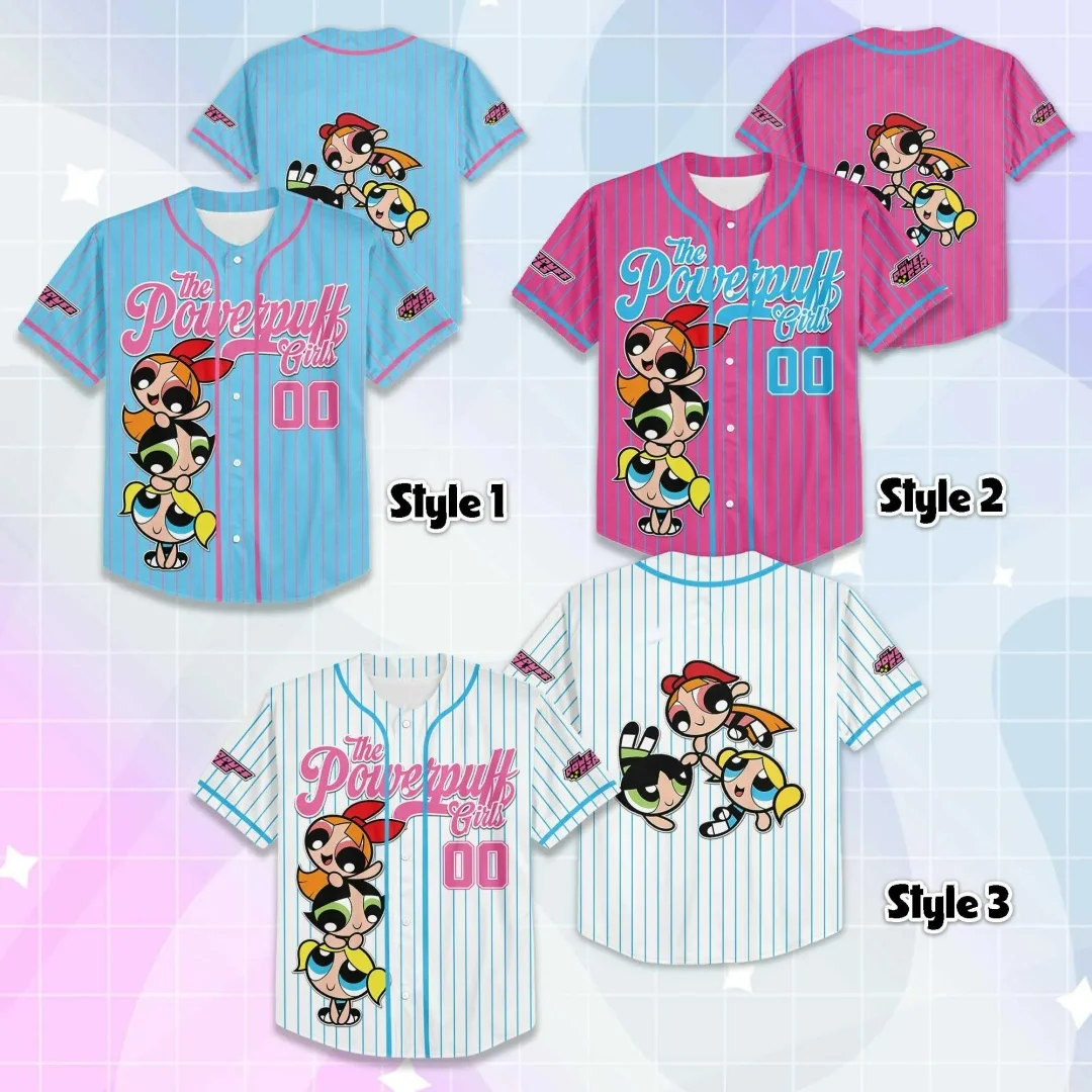Das gestreifte Baseball-Trikot der Powerpuff Girls im Y2K-Anime-Cartoon-Stil, ein Oberteil für Kinder, Jugendliche und Erwachsene, ein Unisex-Streetwear-Modell, ein Herren-T-Shirt und ein Damen-T-Shirt. – Detail 2