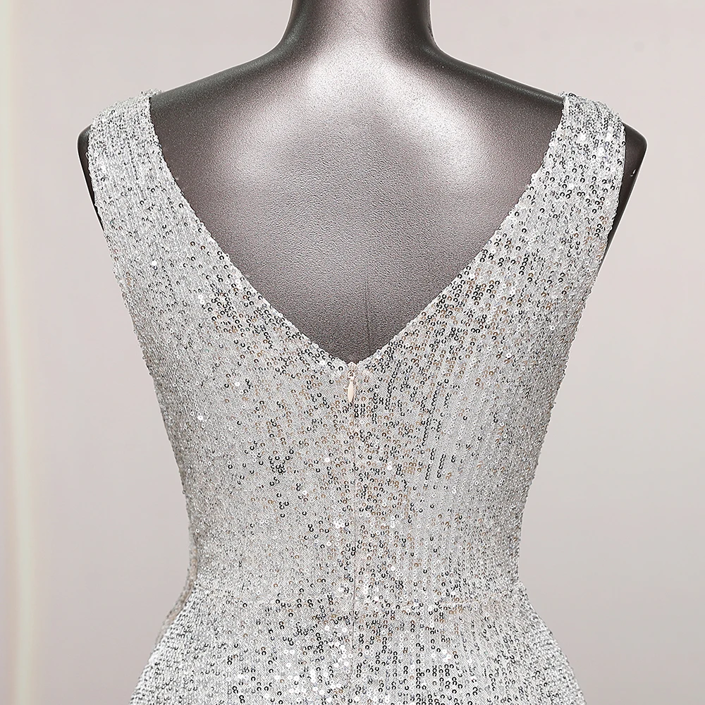 V-neck sleeveless silver evening dresses prom dress luxury wedding party dresses formal occasion robes de soirée Bride dresses