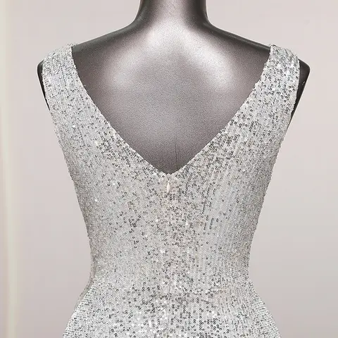 वी-गर्दन बिना आस्तीन चांदी शाम के कपड़े प्रोम पोशाक लक्जरी शादी की पार्टी के कपड़े औपचारिक अवसर वस्त्र डे सोइरी दुल्हन के कपड़े 6 best sales चांदी के कपड़े - №5