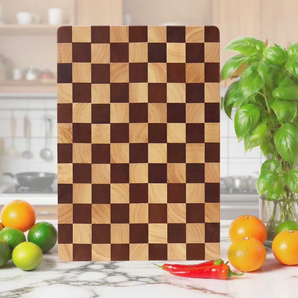 

Jaswehome Chessboard Pattern Cutting Board Rubberwood Solid Wood Chopping Block Double-sided With Grooves Portable Serving Board