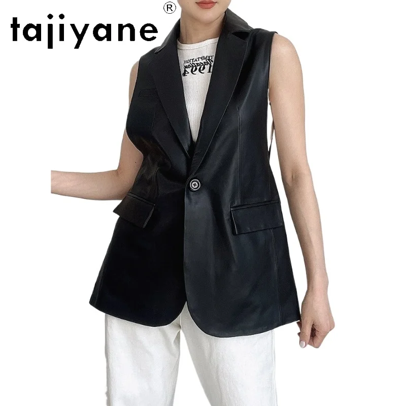 TAJIYANE Sheepskin Real Leather Jacket Women Mid-length Blazers Coat Sleeveless Jackets for Woman Veste Femme One Button Jaqueta
