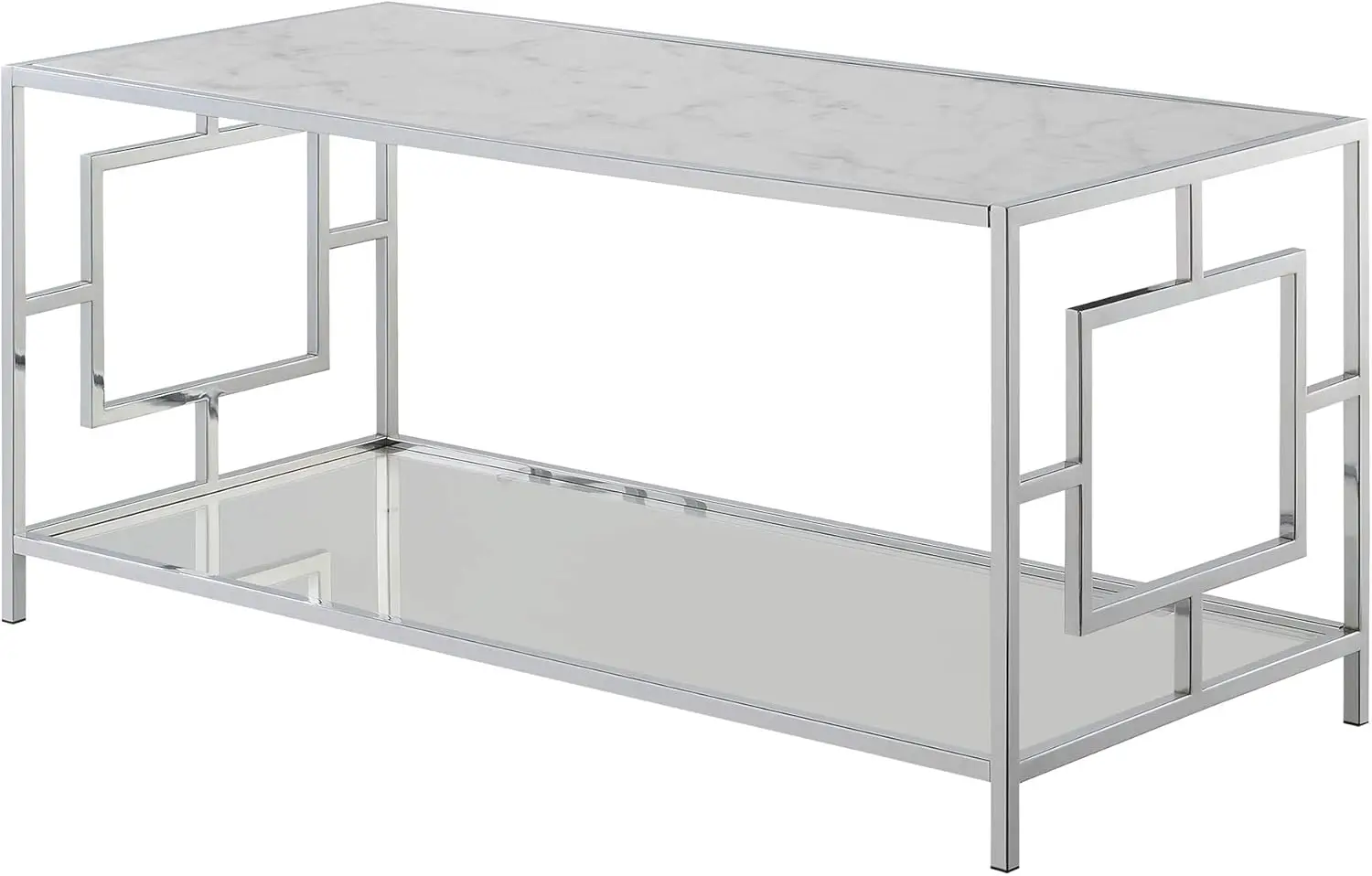 Praça da cidade Chrome Coffee Table com prateleira, mármore falso branco e Chrome