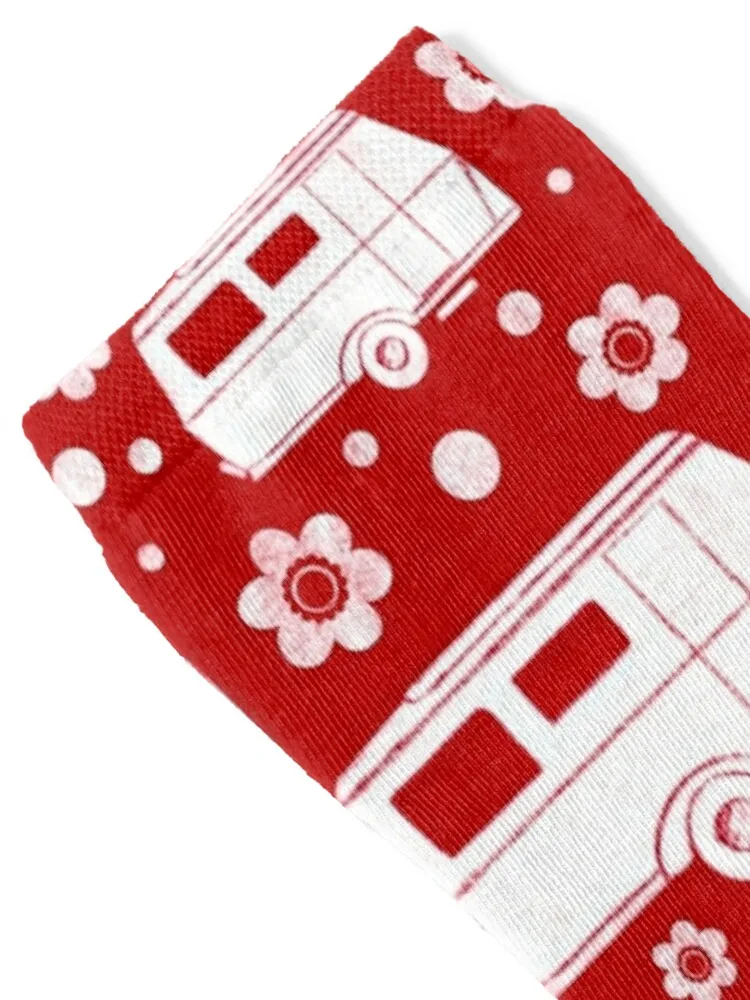 Vintage Caravan block print in red and white Socks Christmas man funny gifts Socks For Men Women's