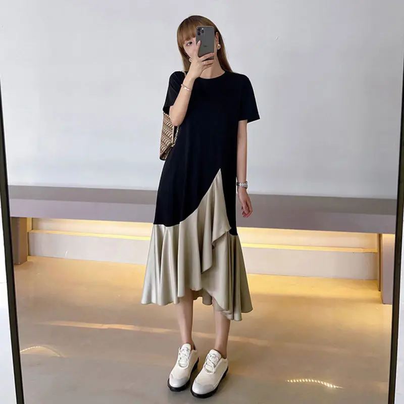 

Women's Fake Two-Piece Patchwork Irregular Knee Length Long Skirt, Oversized Loose and Slimming Maxi Dresses, Summer Dressed