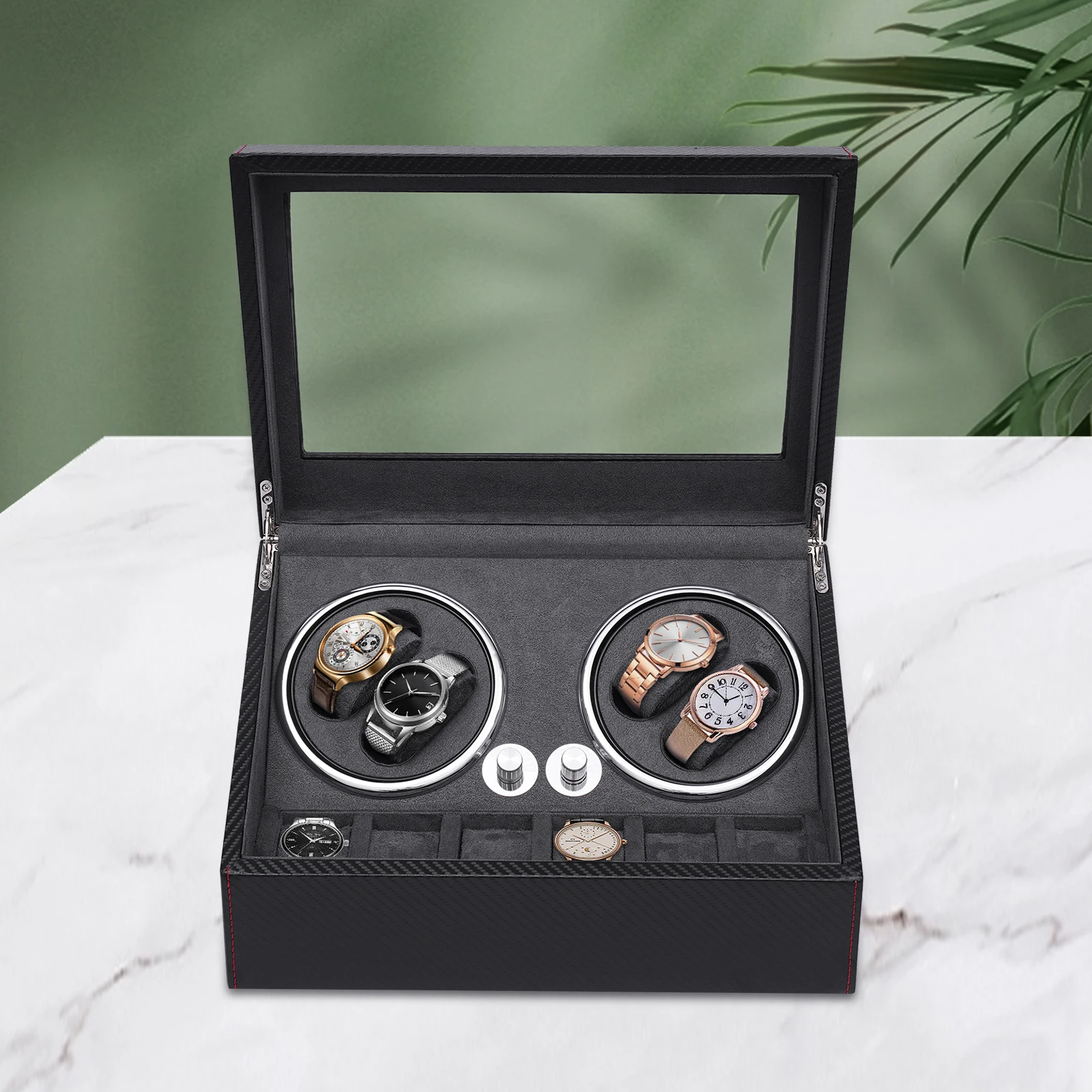 Watch Winder for Four Automatic Watches Box with 6 Flexible Watch Pillows Luxury PU Leather Storage Case Chic Home Accessories