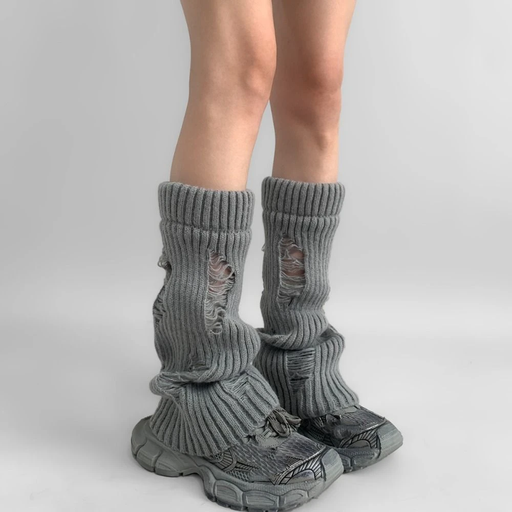 Fashion Ripped Leg Warmers Women Subculture Pile Up Mid Tube Socks Warm Stockings Foot Cover Y2K Streetwear