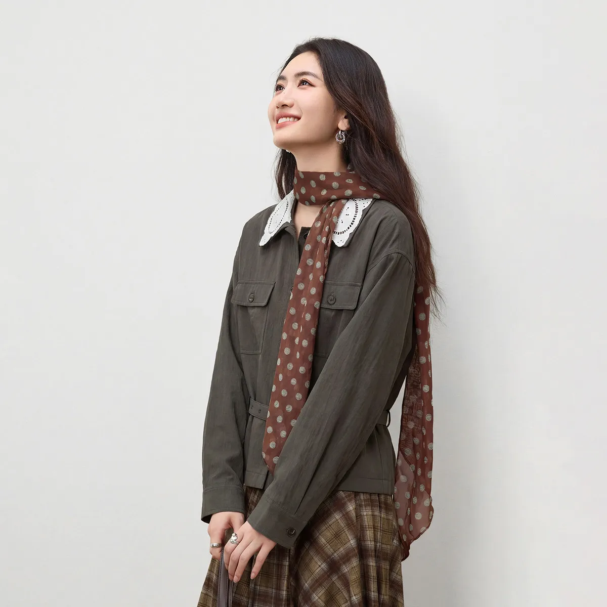 SENTUBILA Women's Coffee Jacket 2026 Spring Color-block Embroidered Top with Belt Retro Casual Ladies Clothing W61WB6597