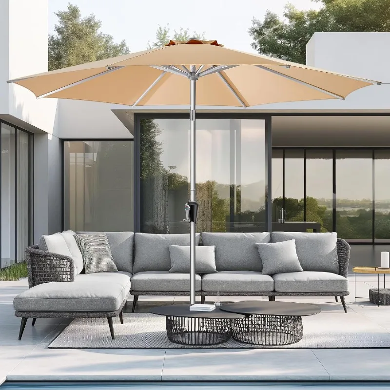 

9FT Aluminum Outdoor Patio Umbrella, 5-Year Fade Resistant Market Table Umbrella, UPF50+ UV Protection with Push Button Tilt,