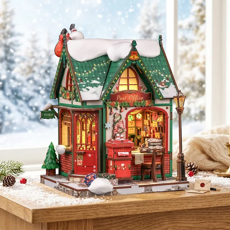 CUTEBEE 283pcs 3D Wooden Puzzle Book Nook Snowy Night Post Christmas Theme Decorative Bookshelf Original Design Christmas Gift