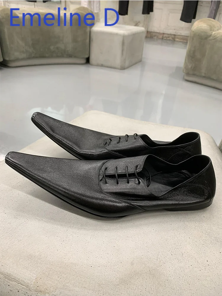 Bent Toe Lace Up Loafers Worn Shallow Mouthed Pointed Derby Shoes Black Minimalist Style Fashionable Versatile Flat Shoes