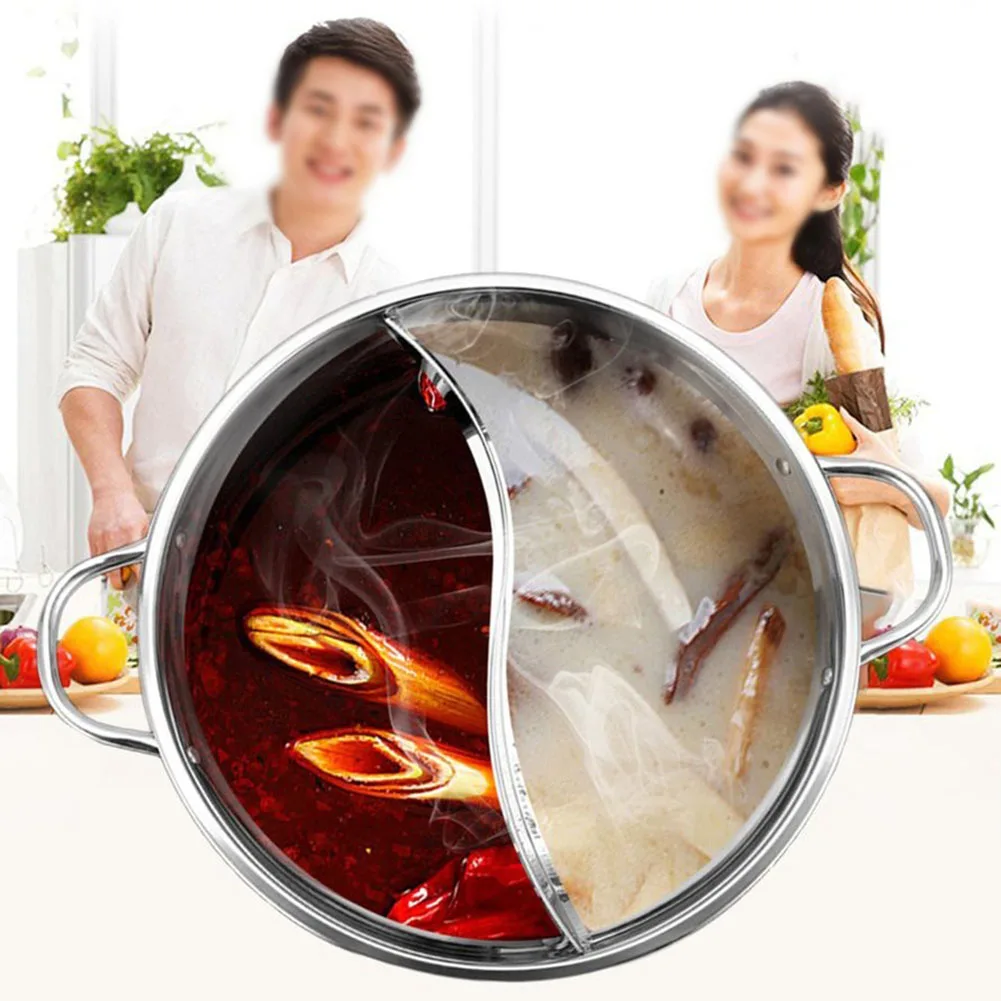 Twin Divided Hot Pot Kitchen Soup Gas Stove Home Stainless Steel Compatible Pot Cooker Cookware Dish Plate Druable