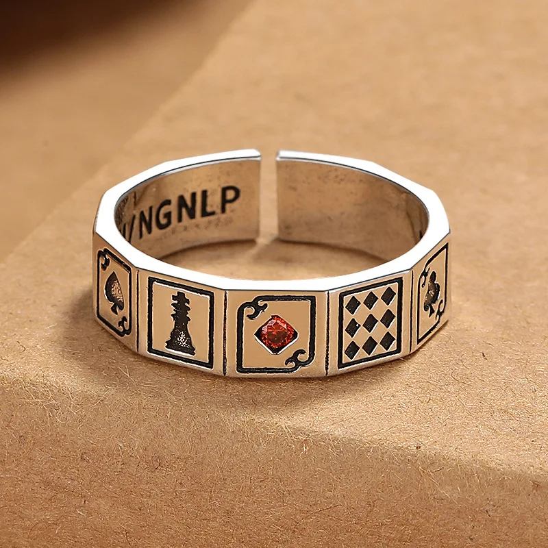 

Poker card unisex Thai silver vintage craftsmanship, fashionable and simple, adjustable ring with an open mouth