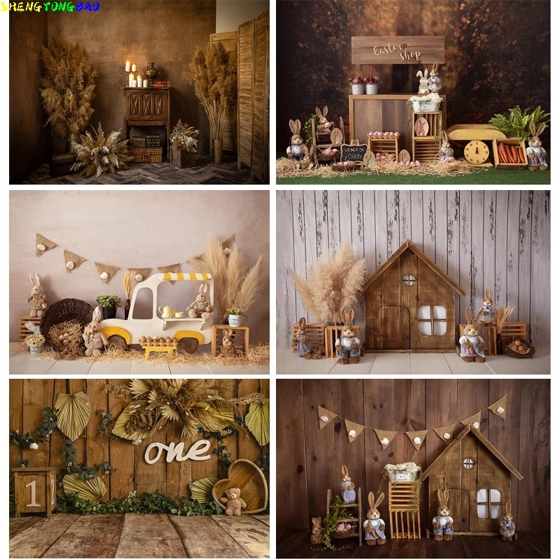 

Vinyl Custom Green Spring Easter Day Photography Backdrops Props Hare Rabbits Colorful Eggs Wood Photo Studio Background FJ-04