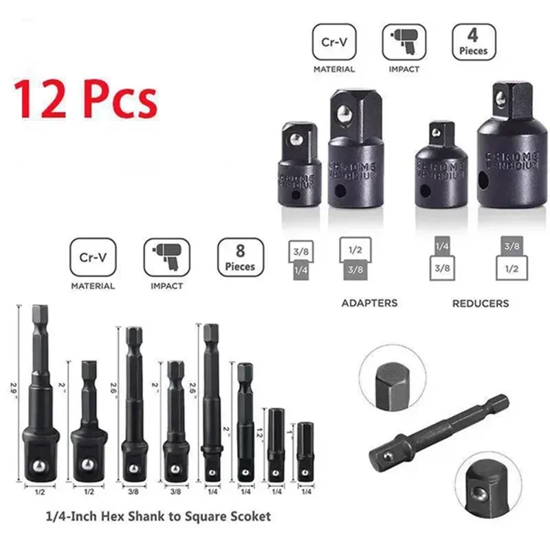 

12PCS Impact Socket Adapter and Reducer Set Extension Drill Turns Power Into High Speed Nut Driver Quick Release Tool