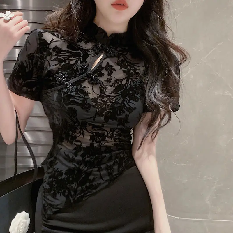 Chinesischen Stil Sommer Shirts Frauen Unregelmäßige Dünne Sheer Sexy Floral Entwickelt Kurzhülse Elegante Dame Vintage Ästhetischen Definiert