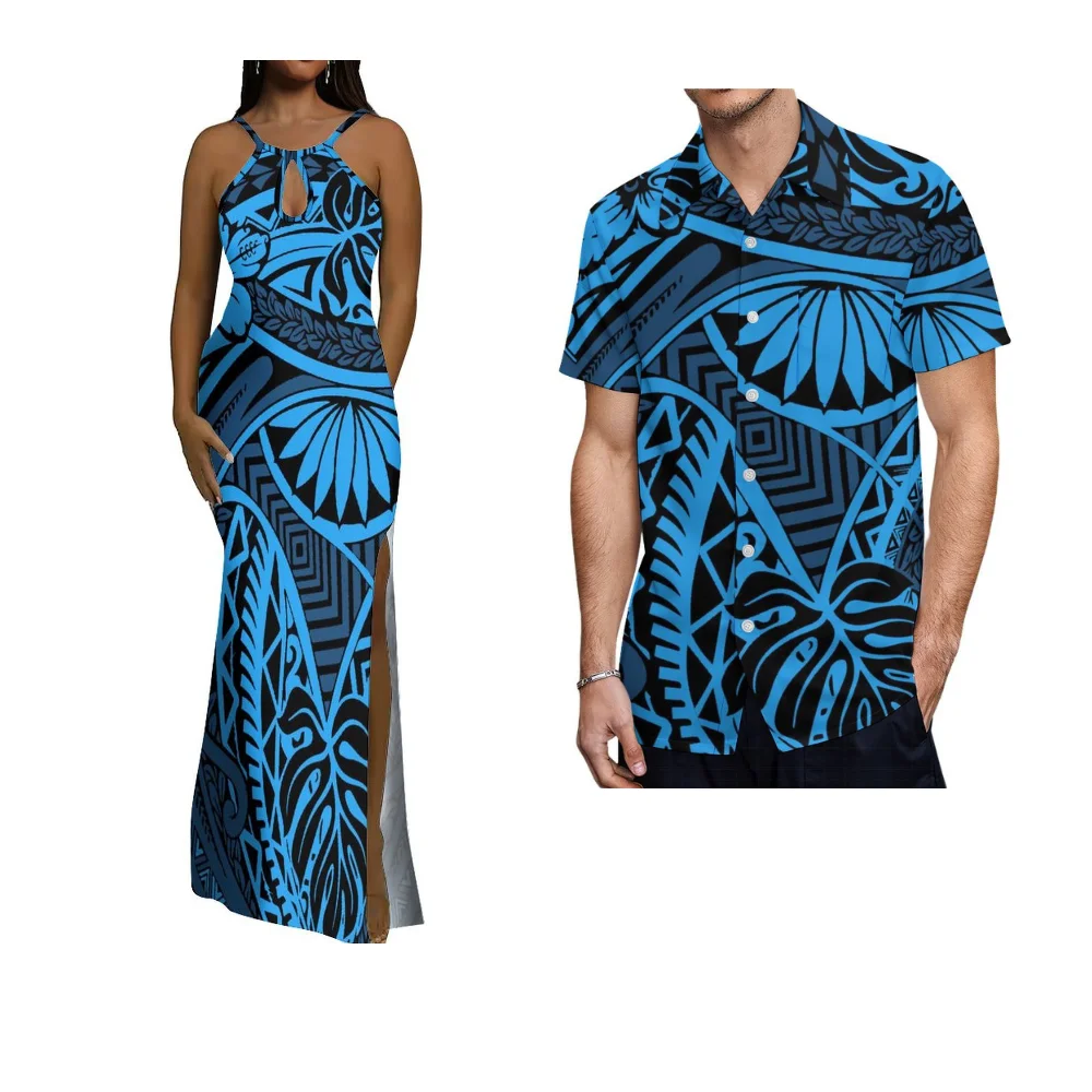 2025年サモア島カップル服サマーノースリーブスリムフィットレディースドレスメンズシャツポリネシアンオフショルダースリットドレス