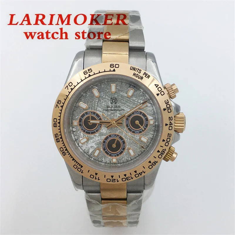 BLIGER 39mm cronógrafo de cuarzo para hombre movimiento VK63 cristal de zafiro esfera gris pulsera de oro rosa plateado