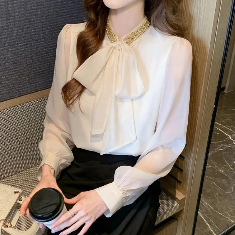 

Темпераментная рубашка со шнуровкой и бантом, топы, весна-осень, новая универсальная однотонная элегантная блузка с длинными рукавами, модная корейская женская одежда