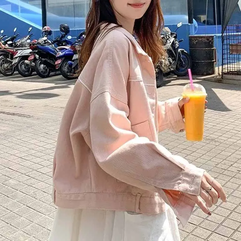 New Female Students Korean Loose Pink Cowboy Coat Women Long Sleeved Casual Denim Outwear Spring Autumn Short Jeans Jacket Tops
