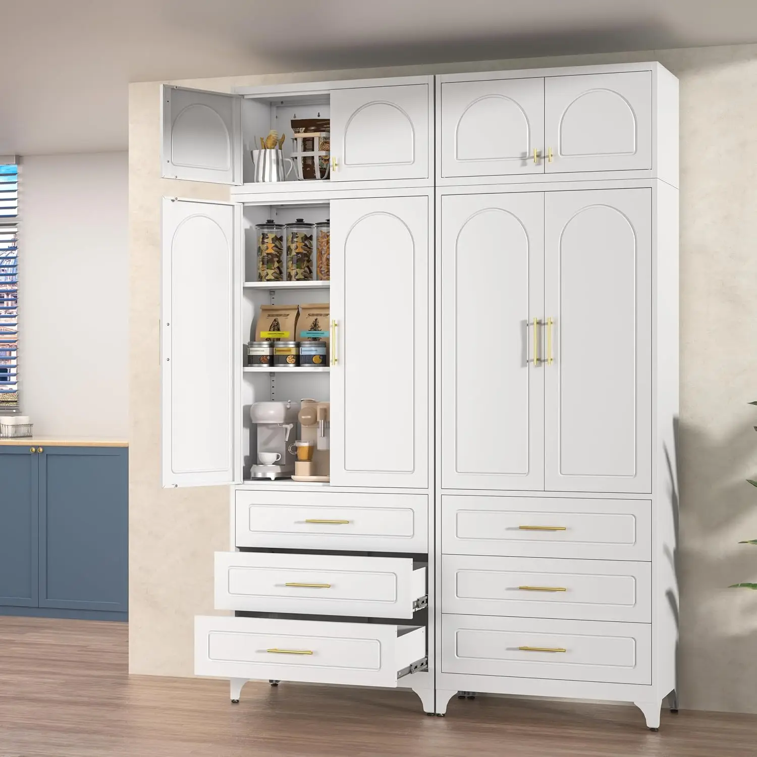 Tall Kitchen Pantry Cabinet, Metal Storage Cupboard With 3 Drawers, Freestanding Utility Organizer For Dining Room Garage Office, Multi Tier Shelving Unit, Modern Industrial Style, Black, 1 Piece