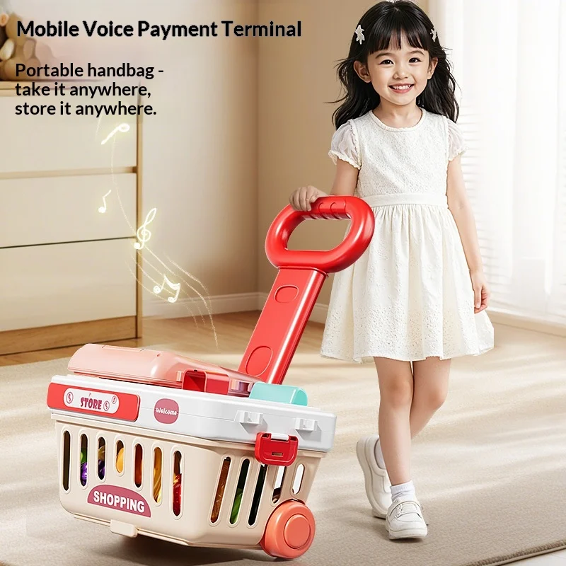 Kids Supermarket Cash Register Toy Portable Voice Shopping Cart Educational Pretend Play For Boys Girls Toddlers Birthday Gift